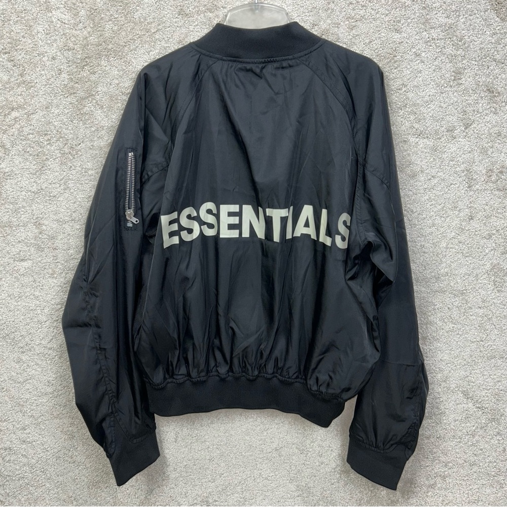 Fear Of God ESSENTIALS Men’s Satin Black Logo Script Bomber Nylon Jacket M
